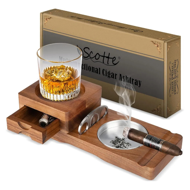 Men Accessories Drawer - Posacenere in legno con tagliasigari, vassoio